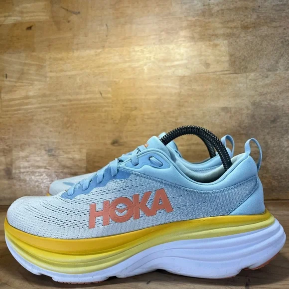 Hoka One One Bondi 8 REFLECTIVE Womens Size 9 Running Shoes Sneakers Blue Yellow - Picture 4 of 12
